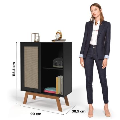 Imagem de Buffet Aparador Bar Alto Preto Com Porta de Correr 2 Nichos E Pés em Madeira MDF - Rattan - Ofertamo