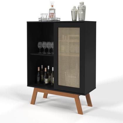 Imagem de Buffet Aparador Bar Alto Preto Com Porta de Correr 2 Nichos E Pés em Madeira MDF - Rattan - Ofertamo