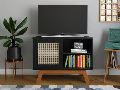 Imagem de Buffet Aparador Bar Preto Com Porta de Correr 2 Nichos E Pés em Madeira MDF - Rattan - Ofertamo