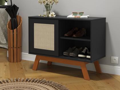 Imagem de Buffet Aparador Bar Preto Com Porta de Correr 2 Nichos E Pés em Madeira MDF - Rattan - Ofertamo