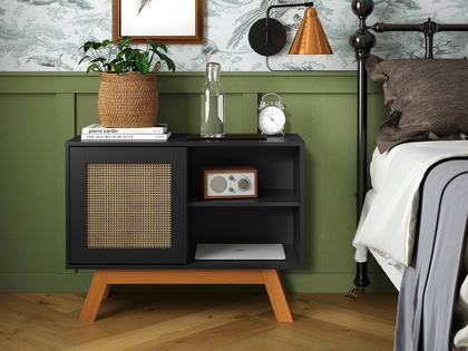 Imagem de Buffet Aparador Bar Preto Com Porta de Correr 2 Nichos E Pés em Madeira MDF - Rattan - Ofertamo