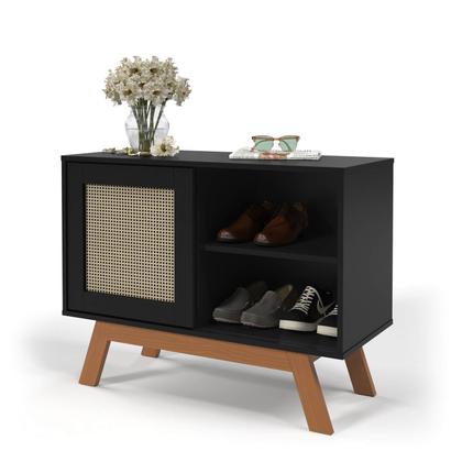 Imagem de Buffet Aparador Bar Preto Com Porta de Correr 2 Nichos E Pés em Madeira MDF - Rattan - Ofertamo