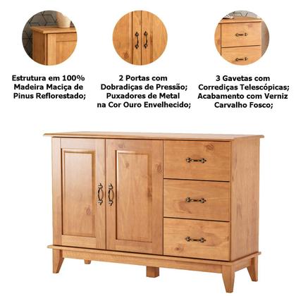 Imagem de Buffet Aparador Madeira Maciça 2 Portas 3 Gav. 120 cm Bella Carvalho Fosco