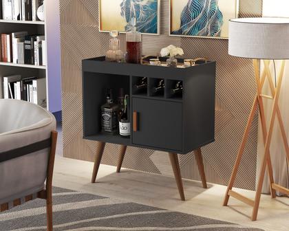 Imagem de Buffet Aparador Paris Bar Drink com 1 Porta Nichos 4 Pés em Madeira Pés Palitos Espaço para até 3 Garrafa para Sala Cantinho do Café Preto