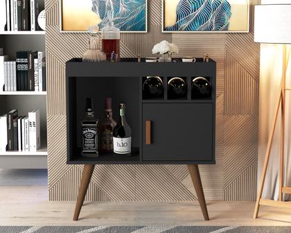 Imagem de Buffet Aparador Paris Bar Drink com 1 Porta Nichos 4 Pés em Madeira Pés Palitos Espaço para até 3 Garrafa para Sala Cantinho do Café Preto