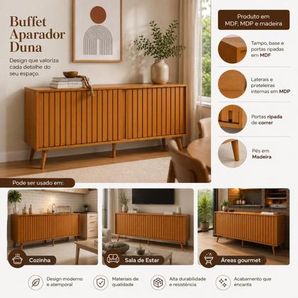 Imagem de Buffet Aparador Portas de Correr Pés Palito Ripado Sofisticado E Moderno