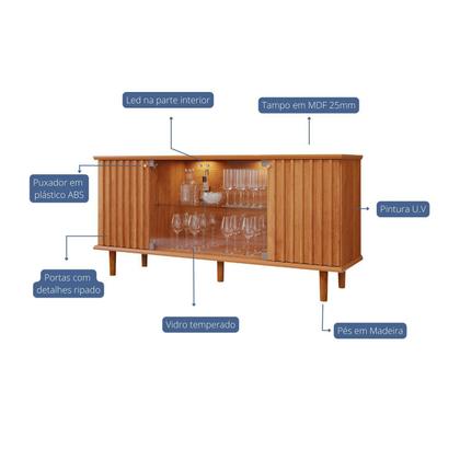 Imagem de Buffet de Sala de Jantar 4 Portas com LED e Pés em Madeira Maciça Janice