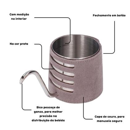 Imagem de Bule Barista Pescoço de Ganso com Revestimento de Couro Micro Fibra 250ml Prata