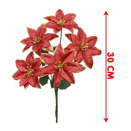 Imagem de Buquê 5 Galhos Poinsetia Natalino Vermelho De 30cm Kit 24pçs
