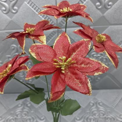 Imagem de Buquê 5 Galhos Poinsetia Natalino Vermelho De 30cm Kit 24pçs