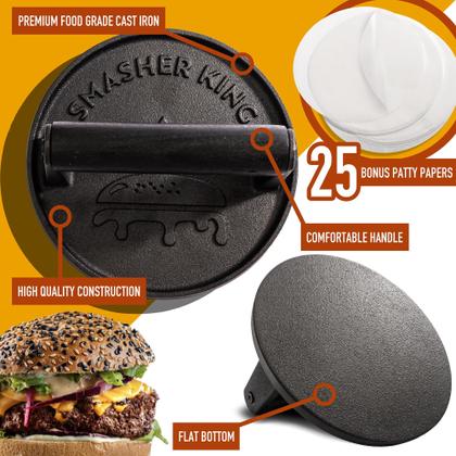 Imagem de Burger Press SMASHER KING Premium em ferro fundido com papel amassado