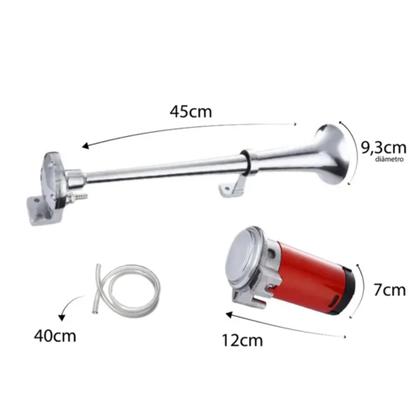 Imagem de Buzina Ar Maritima Corneta 45 cm CROMADA de metal 12v com Compressor Caminhão Moto Carro Van