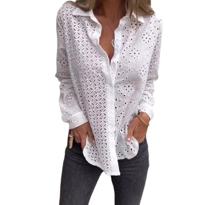Imagem de C0202- Camisa Blusa Casual Rendada Lese laise Manga Longa branco Réveillon Plus Size
