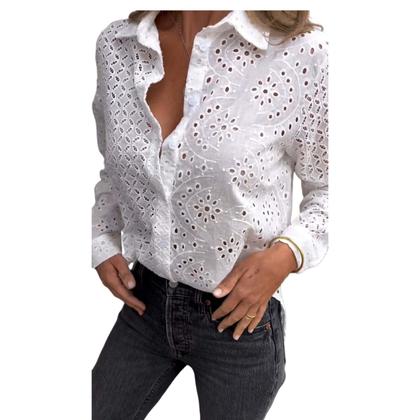 Imagem de C0202- Camisa Blusa Casual Rendada Lese laise Manga Longa branco Réveillon Plus Size