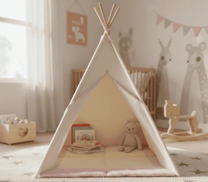 Imagem de Cabana tenda toca casinha infantil com tapete acolchoado detalhes em rosa 135x110x110cm