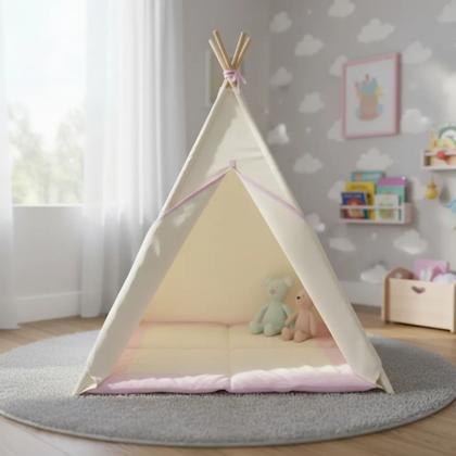 Imagem de Cabana tenda toca casinha infantil com tapete acolchoado detalhes em rosa 135x110x110cm