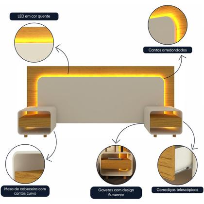 Imagem de Cabeceira Box Casal com 2 Mesas de Cabeceira com Led Innova
