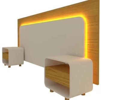 Imagem de Cabeceira Box Casal/Quenn/King com 2 Mesas de Cabeceira com Led Innova - Gelius Móveis - Nature / Off 