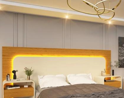 Imagem de Cabeceira Box Casal/Quenn/King com 2 Mesas de Cabeceira com Led Innova - Gelius Móveis - Nature / Off 