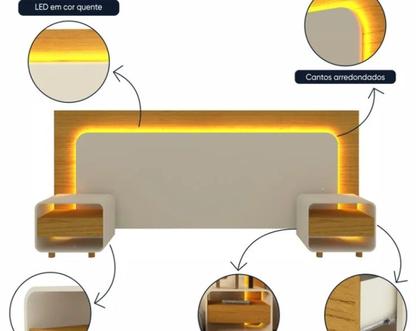 Imagem de Cabeceira Box Casal/Quenn/King com 2 Mesas de Cabeceira com Led Innova - Gelius Móveis - Nature / Off 