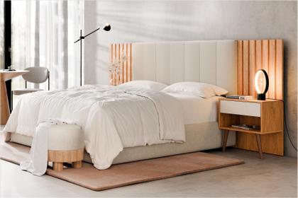 Imagem de Cabeceira Box Zara Freijó com Off White Casal e Queen Extensível com Mesa de Cabeceira e Capitonê - Robel