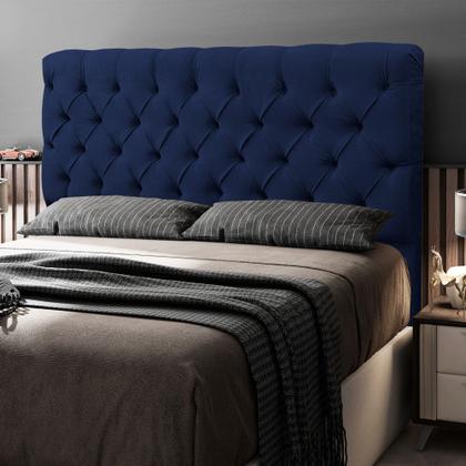 Imagem de Cabeceira Cama Box Casal Queen Size Lylla 160cm Capitonê com Frame Suede Azul Marinho - Desk Design