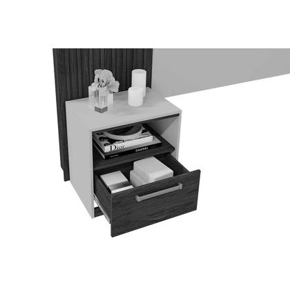 Imagem de Cabeceira Cama Box Estofada Extensível Casal/Queen/King Lucius 2 Mesas c/ 1 Gaveta Buriti/Off White - Caemmun