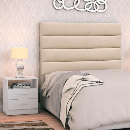 Imagem de Cabeceira Cama Box Solteiro 90cm Greta Suede Bege e 1 Criado Branco - Mpozenato