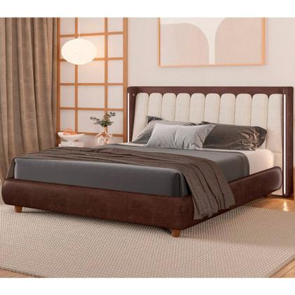 Imagem de Cabeceira Casal Com LED Yeon material sintético Marrom / Linho Off White - Sallar Home