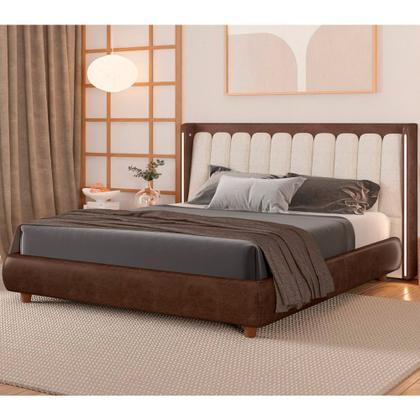 Imagem de Cabeceira Casal Com LED Yeon Nobuck Marrom / Linho Off White - Sallar Home