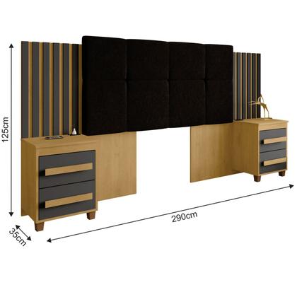 Imagem de Cabeceira Casal Extensível com 2 Mesas de Apoio Ripado e Estofado Cinamomo com Grafite Suíça - RV Móveis