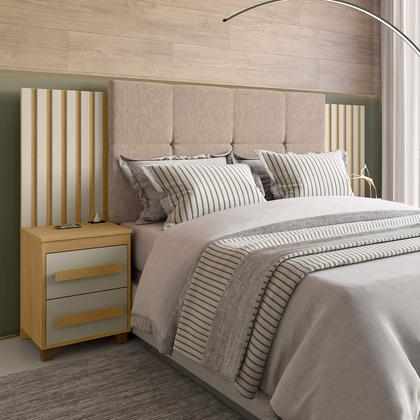 Imagem de Cabeceira Casal Extensível com 2 Mesas de Apoio Ripado e Estofado Cinamomo com Off White Suíça - RV Móveis