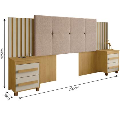 Imagem de Cabeceira Casal Extensível com 2 Mesas de Apoio Ripado e Estofado Cinamomo com Off White Suíça - RV Móveis