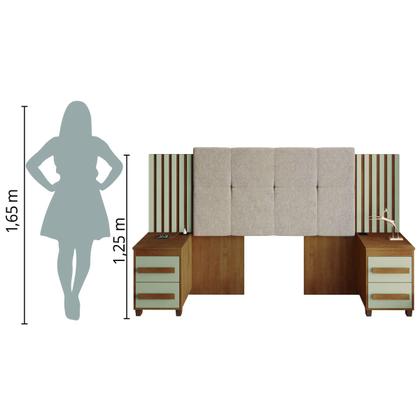 Imagem de Cabeceira Casal Extensível com 2 Mesas de Apoio Ripado e Estofado Cinamomo/Off White Suíça RV Móveis