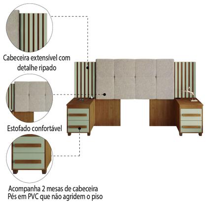 Imagem de Cabeceira Casal Extensível com 2 Mesas de Apoio Ripado e Estofado Cinamomo/Off White Suíça RV Móveis