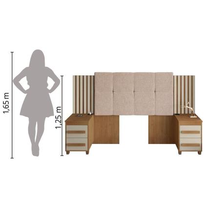 Imagem de Cabeceira Casal Extensível Com 2 Mesas De Apoio Ripado E Estofado Cinamomo/Off White Suíça