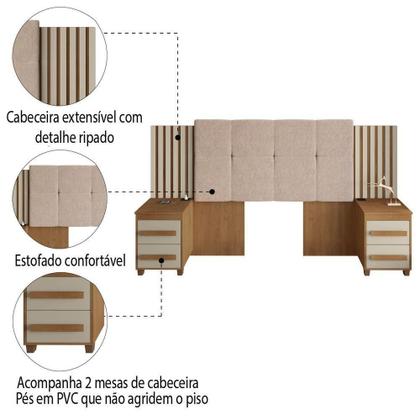 Imagem de Cabeceira Casal Extensível Com 2 Mesas De Apoio Ripado E Estofado Cinamomo/Off White Suíça