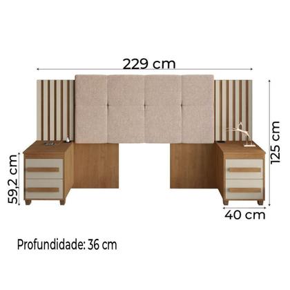 Imagem de Cabeceira Casal Extensível Com 2 Mesas De Apoio Ripado E Estofado Cinamomo/Off White Suíça