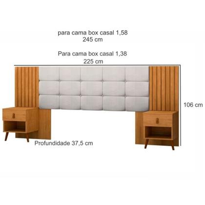 Imagem de Cabeceira Estofada para cama box casal/Queen JA Móveis Suiça Lady com 02 mesas de cabeceira Nature