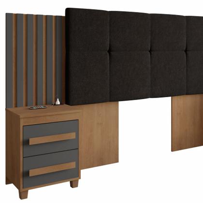Imagem de Cabeceira Estofada para cama box casal/Queen/king RV Móveis Suíça com 02 mesas de cabeceira com tomada cinamomo Grafite