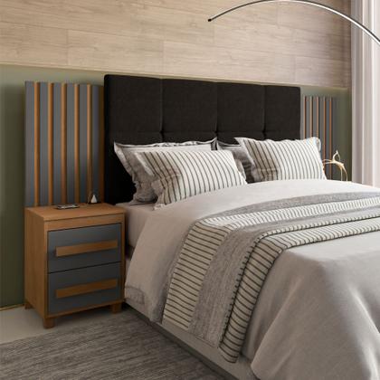 Imagem de Cabeceira Estofada para cama box casal/Queen/king RV Móveis Suíça com 02 mesas de cabeceira com tomada cinamomo Grafite