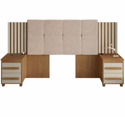 Imagem de Cabeceira Estofada para cama box casal/Queen/king RV Móveis Suíça com 02 mesas de cabeceira com tomada cinamomo OFF White