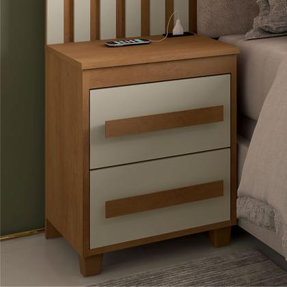 Imagem de Cabeceira Estofada para cama box casal/Queen/king RV Móveis Suíça com 02 mesas de cabeceira com tomada cinamomo OFF White