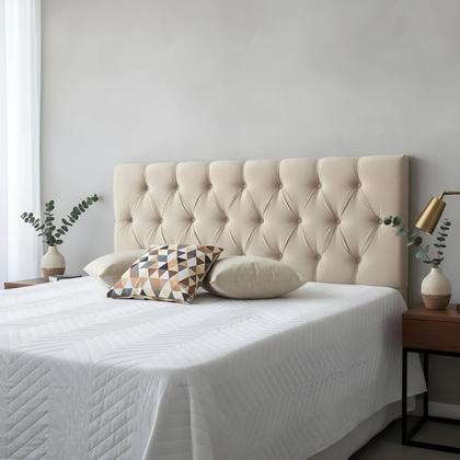 Imagem de Cabeceira Estofada Para Cama Queen Capitonê 160x60cm Bege Claro - Tecido Veludo Suede Liso