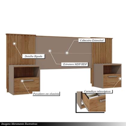 Imagem de Cabeceira Extensível Casal Burrell com Mesas de Cabeceira Acabamento Ripado MDP Fendi/Buriti G11 - Gran Belo