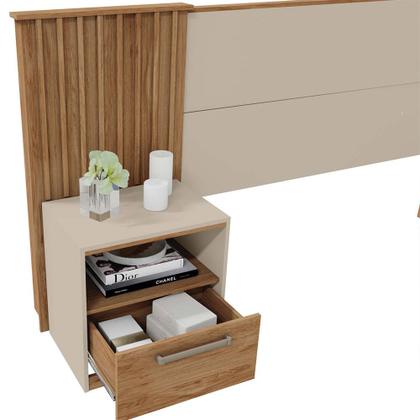 Imagem de Cabeceira Extensível Casal Burrell com Mesas de Cabeceira Acabamento Ripado MDP OffWhite/Buriti G11 - Gran Belo