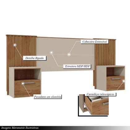 Imagem de Cabeceira Extensível Casal Burrell com Mesas de Cabeceira Acabamento Ripado MDP OffWhite/Buriti G11 - Gran Belo