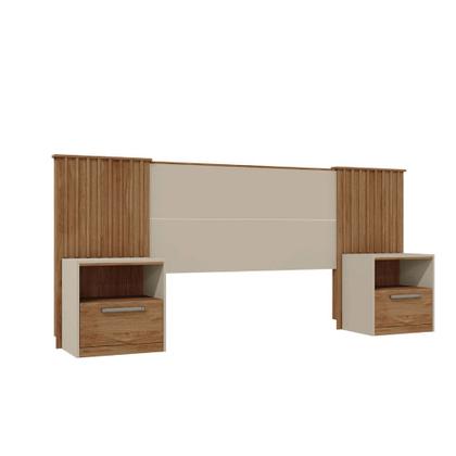 Imagem de Cabeceira Extensível Casal Burrell com Mesas de Cabeceira Acabamento Ripado MDP OffWhite/Buriti G11 - Gran Belo