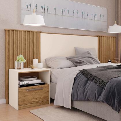 Imagem de Cabeceira Extensível Casal Burrell com Mesas de Cabeceira Acabamento Ripado MDP OffWhite/Buriti G11 - Gran Belo