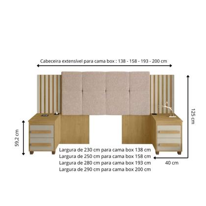 Imagem de Cabeceira Extensível Ripada Estofada Para Cama Box Casal Queen King com 2 Mesas de Cabeceira com Tomada Cinamomo Off White
